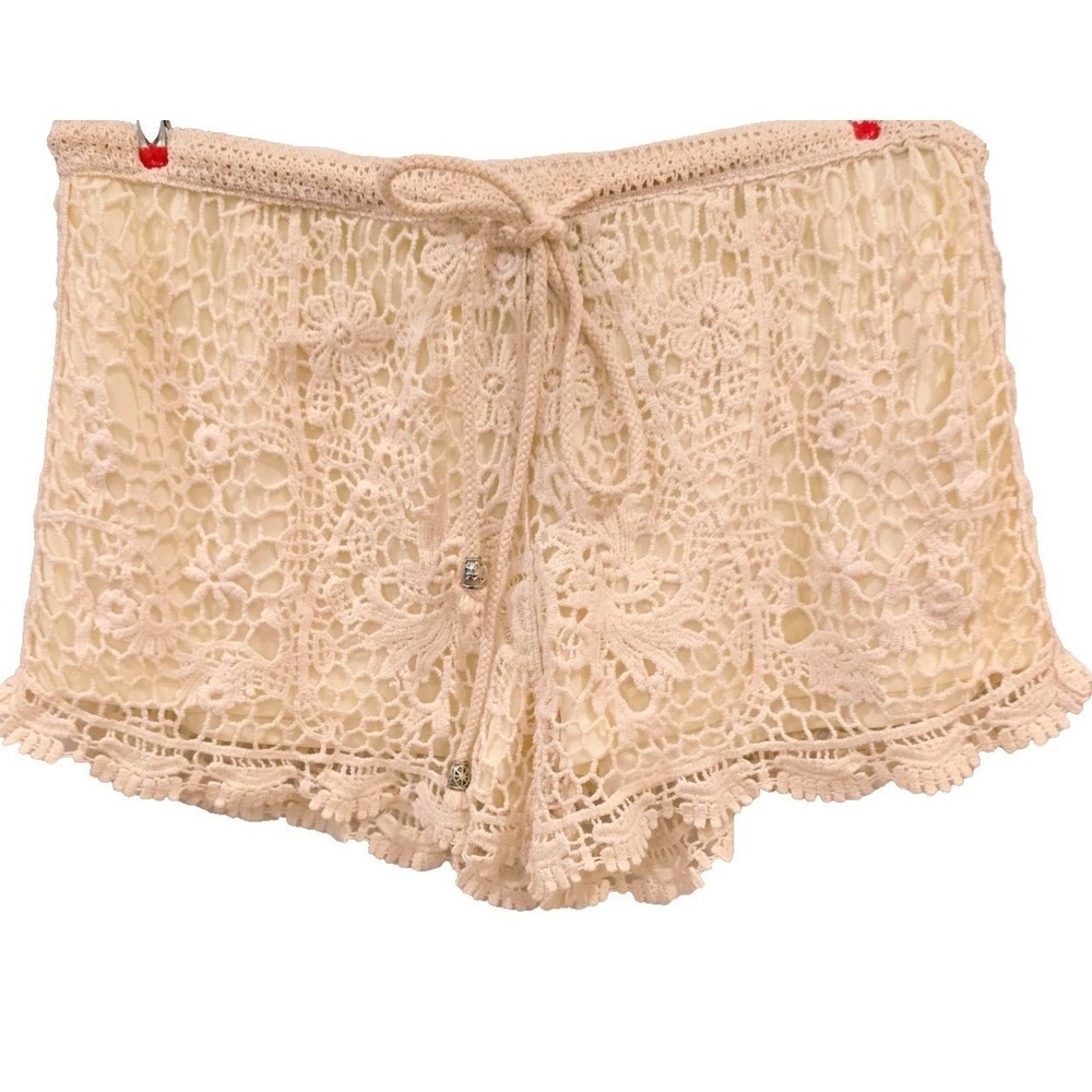 Lanclay Floral Crochet Lace Shorts Ivory Cream Boho Drawstring Size X-Large XL